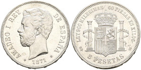 AMADEO I (1871-1873). 5 Pesetas. (Ar. 24,95g/37mm). 1871 *18-71. Madrid SDM. (Cal-2019-1). EBC+. Restos de brillo original. Rayitas.