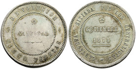 REVOLUCIÓN CANTONAL (1873-1874). 5 Pesetas. (Ar. 28,90g/37mm). 1873. Cartagena. (Cal-2019-7). 80 perlas en anverso y 85 en reverso coincidente. MBC/MB...