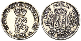 CARLOS VII (1868-1909). 50 Céntimos. (Ar. 2,52g/18mm). 1876. Bruselas. (Cal-2019-9). EBC+. Interesante ejemplar.