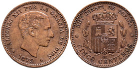 ALFONSO XII (1874-1885). 5 Céntimos. (Ae. 4,96g/24mm). 1879. Barcelona OM. (Cal-2019-6). MBC+.