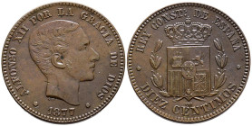 ALFONSO XII (1874-1885). 10 Céntimos. (Ae. 10,03g/30mm). 1877. Barcelona OM. (Cal-2019-8). Variante oreja rayada. MBC+/MBC.