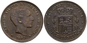 ALFONSO XII (1874-1885). 10 Céntimos. (Ae. 9,96g/30mm). 1879. Barcelona OM. (Cal-2019-10). MBC+. Limpiada.