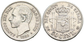 ALFONSO XII (1874-1885). 50 Céntimos. (Ar. 2,50g/18mm). 1880 *8-0. Madrid MSM. (Cal-2019-11). MBC+.