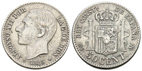 ALFONSO XII (1874-1885). 50 Céntimos. (Ar. 2,49g/18mm). 1885 *8-6. Madrid MSM. (Cal-2019-12). MBC+. Acuñada bajo el reinado de Alfonso XIII.
