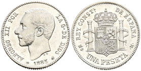 ALFONSO XII (1874-1885). 1 Peseta. (Ar. 5,13/23mm). 1885 *18-86. Madrid MSM. (Cal-2019-25). EBC+. Leves rayitas. Escasa y más así. Acuñada ya en el re...