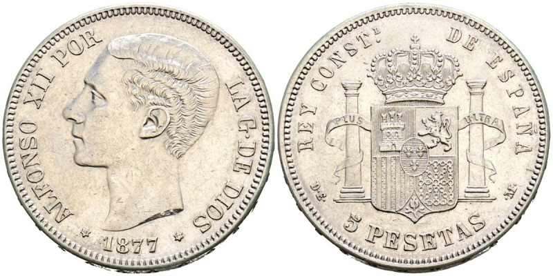ALFONSO XII (1874-1885). 5 Pesetas. (Ar. 24,90g/37mm). 1877 *18-77 . Madrid DEM....