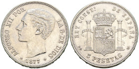 ALFONSO XII (1874-1885). 5 Pesetas. (Ar. 24,90g/37mm). 1877 *18-77 . Madrid DEM. (Cal-2019-38). MBC+.
