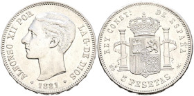 ALFONSO XII (1874-1885). 5 Pesetas. (Ar. 24,90g/37mm). 1881 *18-81. Madrid MSM. (Cal-2019-44). EBC-. Ligeras rayitas y marquitas. Escaso y bonito ejem...