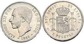 ALFONSO XII (1874-1885). 5 Pesetas. (Ar. 24,63g/37mm). 1882 *18-82. Madrid MSM. (Cal-2019-51). EBC. Rayitas y marquitas. Bonito ejemplar con restos de...