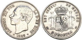 ALFONSO XII (1874-1885). 5 Pesetas. (Ar. 24,85g/38mm). 1885 *18-87. Madrid MSM. (Cal-2019-62). Acuñada bajo el reinado de Alfonso XIII. MBC-. Abrillan...