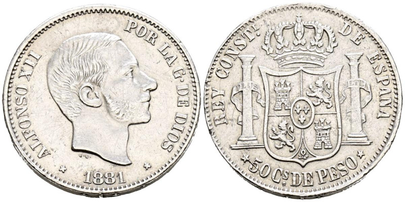 ALFONSO XII. (1874-1885). 50 Centavos (Ar. 12,77g/30mm). 1881. Manila. (Cal-2019...