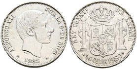 ALFONSO XII (1874-1885). 50 Centavos. (Ar. 12,96g/30mm). 1883. Manila. (Cal-2019-120). MBC+. Rotura de cuño en anverso.