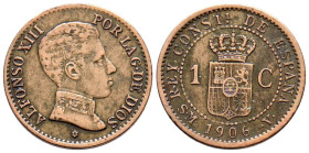 ALFONSO XIII (1885-1931). 1 Céntimo (Ae. 0,96g/15mm). 1906 *6. Madrid SMV. (Cal-2019-1). MBC-. Rara.