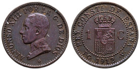 ALFONSO XIII (1885-1931). 1 Céntimo. (Ae. 1,00g/15mm). 1912 *2. Madrid PCV. (Cal-4). EBC+. Bonito tono.