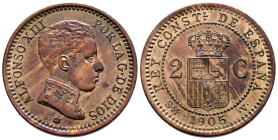 ALFONSO XIII (1885-1931). 2 Céntimos. (Ae. 1,93g/20mm). 1905 *05. Madrid SMV. (Cal-2019-11). EBC+.