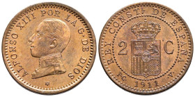 ALFONSO XIII (1885-1931). 2 Céntimos. (Ae. 1,96g/20mm). 1911 *11. Madrid PCV. (Cal-2019-13). SC. Pleno brillo original.