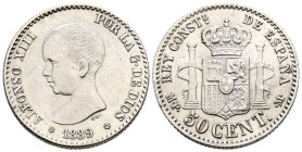 ALFONSO XIII (1885-1931). 50 Céntimos. (Ar. 2,54g/18mm). 1889 *8-9. Madrid MPM. (Cal-2019-27). EBC-. Leves rayitas.