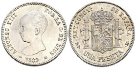ALFONSO XIII (1885-1931). 1 Peseta. (Ar. 4.99g/23mm). 1889 *18-89. Madrid MPM. (Cal-2019-52). EBC/EBC-. Ligeramente limpiada. Rara y más así.