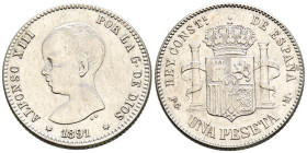 ALFONSO XIII (1885-1931). 1 Peseta. (Ar. 4,96g/23mm). 1891 *18-91. Madrid PGM. (Cal-2019-53). MBC+. Rayitas.