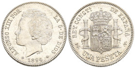 ALFONSO XIII (1885-1931). 1 Peseta. (Ar. 5,01g/23mm). 1894 *18-94. Madrid PGV. (Cal-2019-55). EBC+. Excelente ejemplar con restos de brillo original, ...