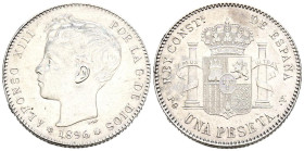 ALFONSO XIII (1885-1931). 1 Peseta. (Ar. 4,98g/23mm). 1896 *18-96. Madrid PGV. (Cal-2019-56). EBC. Leves rayitas.