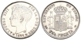 ALFONSO XIII (1885-1931). 1 Peseta. (Ar. 5,05g/23mm). 1899 *18-99. Madrid PGV. (Cal-2019-57). EBC. Leves rayitas.