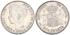 ALFONSO XIII (1885-1931). 1 Peseta. (Ar. 4,99g/23mm). 1901 *19-01. Madrid SMV. (Cal-2019-60). EBC. Marquitas
