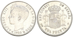 ALFONSO XIII (1885-1931). 1 Peseta. (Ar. 5,06g/23mm). 1902 *19-02. Madrid SMV. (Cal-2019-64). MBC+. Escasa.