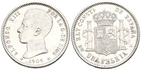 ALFONSO XIII (1885-1931). 1 Peseta. (Ar. 5,07g/23mm). 1905 * 19-05. Madrid SMV. (Cal-2019-70). EBC-. Limpiada. Escasa.