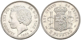 ALFONSO XIII (1885-1931). 2 Pesetas. (Ar. 10,00g/27mm). 1894 *18-94. Madrid PGV. (Cal-2019-86). EBC/EBC-. Leves rayitas. Escasa.