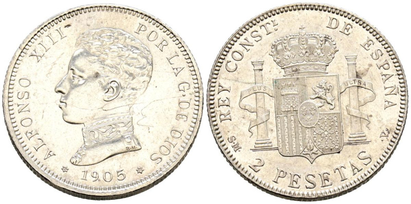 ALFONSO XIII (1885-1931). 2 Pesetas. (Ar. 9,93g/27mm). 1905 *19-05. Madrid SMV. ...