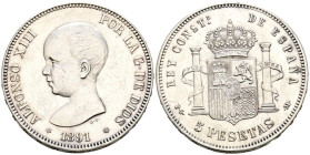ALFONSO XIII (1885-1931). 5 Pesetas. (Ar. 24,88g/37mm). 1891 *18-91. Madrid PGM. (Cal-2019-98). EBC-. Restos de brillo original.