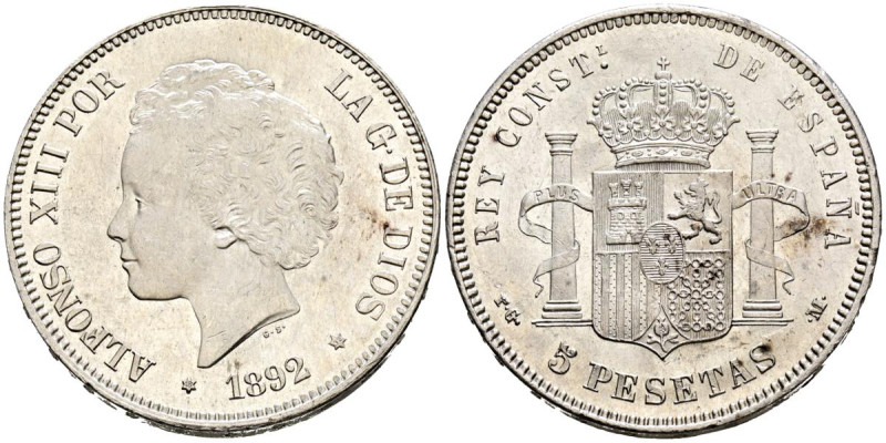 ALFONSO XIII (1885-1931). 5 Pesetas. (Ar. 25,01g/37mm). 1892 *18-92. Madrid PGV....