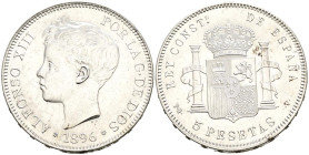 ALFONSO XIII (1885-1931). 5 pesetas. (Ar. 24,85g/37mm). 1896 *18-96. Madrid PGV. (Cal-2019-106). SC-. Brillo original.