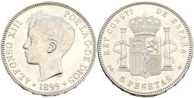 ALFONSO XIII (1885-1931). 5 Pesetas. (Ar. 24,78g/37mm). 1899 *18-99. Madrid SGV. (Cal-2019-110). EBC-/EBC. Rayitas especialmente en anverso.