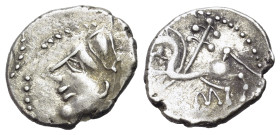 Western Europe. Central Gaul. Bituriges Cubi (1st century BC). AR Quinarius (15mm, 1.94g, 4h). Head l. R/ CAM. Horse prancing l.; branch above. D&T 34...