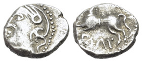 Celtic Gaul. Sequani, c. 80-50 BC. AR Quinarius (12mm, 1.90g, 6h). Helmeted head to l. R/Horse l.; SAM F below. DT 3245.