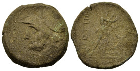 Italy. Bruttium, Brettii, c. 211-208 BC. Æ Didrachm (25,7mm,13.6g). Helmeted head of Ares l.; below, thunderbolt. R/ Athena advancing r., head facing,...
