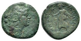 Italy, Bruttium, Petelia c. 204-89 BC. Æ Sextans (15mm, 3.24g, 12h). Laureate head of Apollo right; two pellets behind. R/ [ΠΕΤΗΛΙ]-ΝΩΝ; Artemis Phosp...
