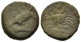 Sicily, Akragas, c. 425-406 BC. Æ Tetras (20,3mm,10.3g). Eagle, with head lowered, standing r. on hare; crab behind. R/ Crab, crayfish l. below; three...