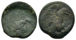 Sicily, Akragas, c. 425-406 BC. Æ Hexas (18,4mm,7g). Eagle, with head lowered, standing r. on hare. R/ ?Crab, two fish r. below. Cf. SNG ANS 1053-1054...