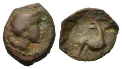 Sicily, Eryx, c. 415-413 BC. Æ Onkia (11,5mm, 1.39 g, 11h). Bearded head of male r; pellet (mark of value) behind neck. R/ Hound standing r., head l. ...