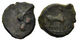 Sicily, Eryx, c. 330-260 BC. Æ Onkia(?) (10,6mm,1.3g). Female head r. R/ Horse standing r., l. foreleg raised; barley grain to r. Campana 48a; CNS 16/...