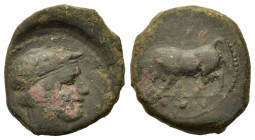 Sicily, Gela, c. 420-405 BC. Æ Tetras (17,2mm,3.8g). Head of youthful river-god Gelas to r. R/ Bull standing to l.; three pellets (mark of value) belo...