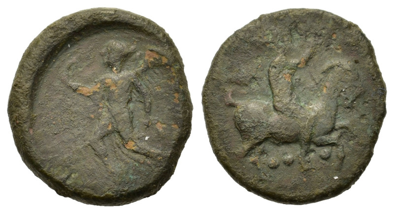 Sicily, Himera, c. 425-409 BC. Æ Tetras or Trionkion (15,2mm,2.2g). Pan, blowing...