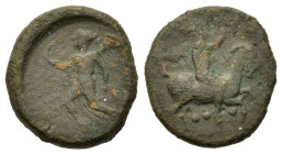 Sicily, Himera, c. 425-409 BC. Æ Tetras or Trionkion (15,2mm,2.2g). Pan, blowing in conch and holding lagobolon, on horseback r.; three pellets (mark ...