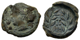 Sicily, Himera, c. 415-409. Æ Hemilitron (15,7mm,3g). Head of nymph l., hair bound in ampyx and sphendone; six pellets before. R/ Six pellets within w...