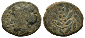 Sicily, Himera, c. 415-409. Æ Hemilitron (16mm,2.7g). Head of nymph l., hair bound in ampyx and sphendone; six pellets before. R/ Six pellets within w...