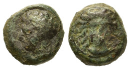 Sicily, Motya, c. 415/10-397 BC. Æ (12,2mm,2.6g). Head of nymph facing slightly r., wearing stephane. R/ Young male head l. Jenkins, Punic pl. 23, 12;...