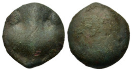 Sicily, Selinos, c. 450-440 BC. Cast Æ Tetras (17.4mm,5.3g). Facing head of Silenos. R/ Selinon leaf; three pellets (mark of value) around. CNS 3/2; c...